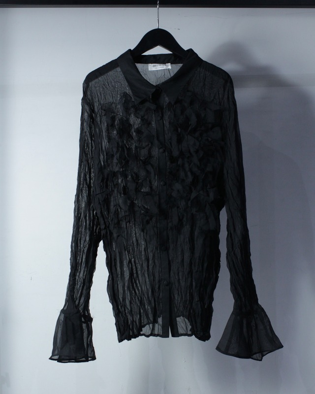 【Caka BLACK】Crinkle Design Cut Off Fabric Decoration Vintage L/S Sheer Shirt