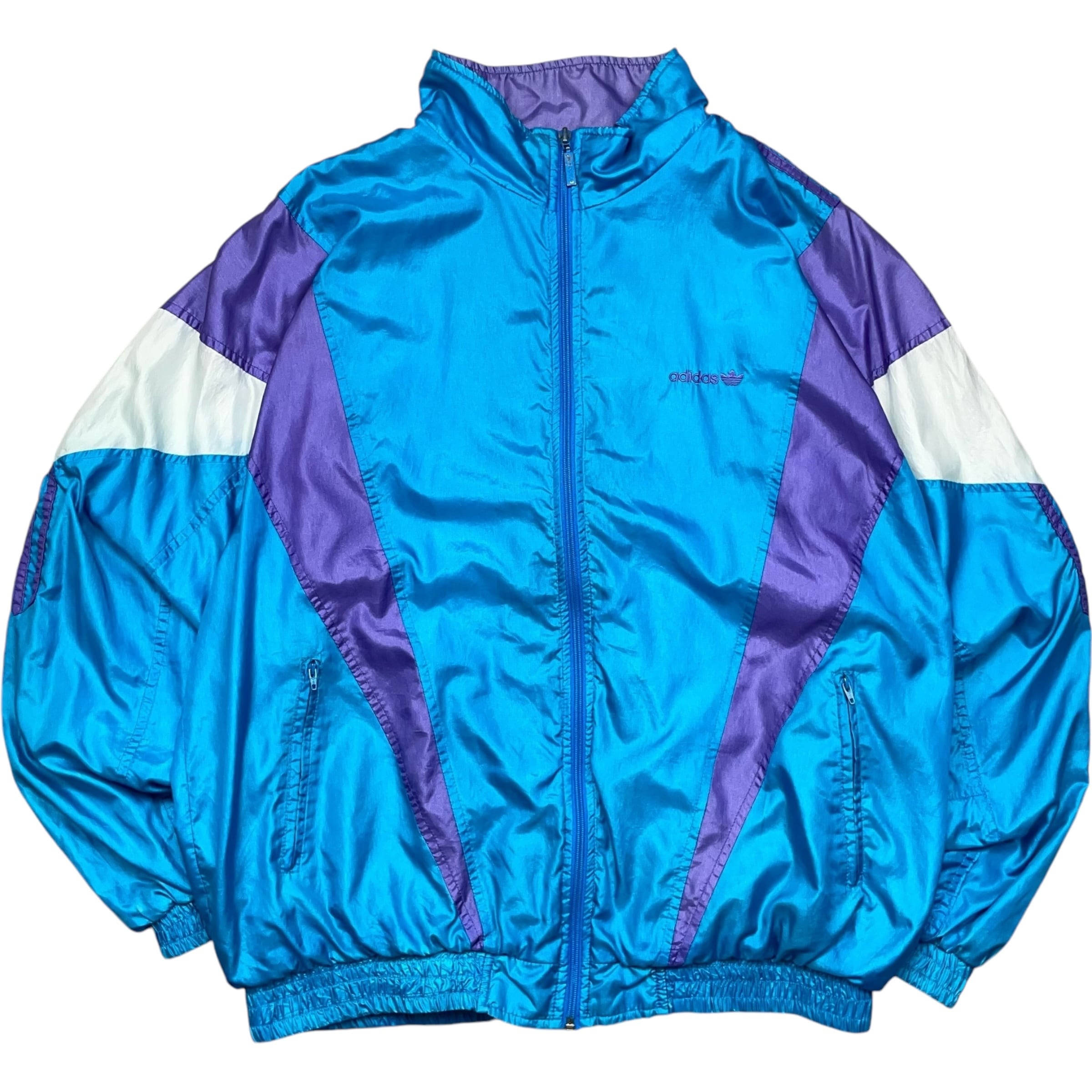 《L》 adidas アディダス ナイロンジャケット 刺繍 ワンポイント ライトブルー パープル 80年代〜 no.4335