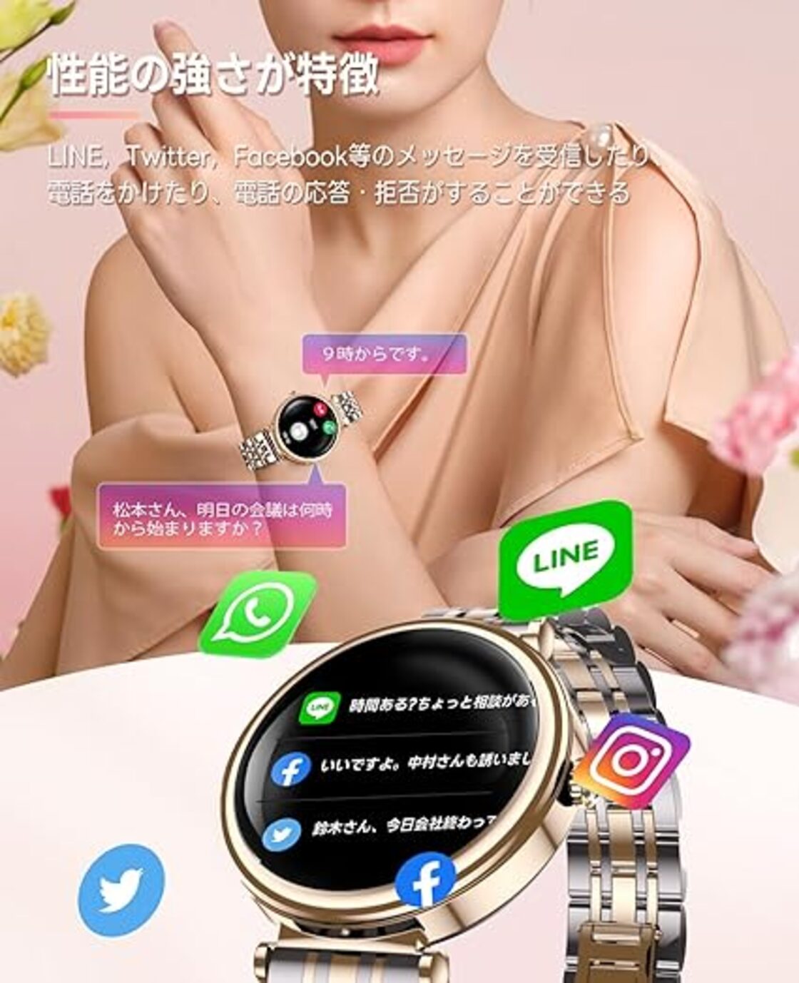 FOSMET GRACE G1 スマートウォッチ レディース 丸型 1.27インチ iPhone 