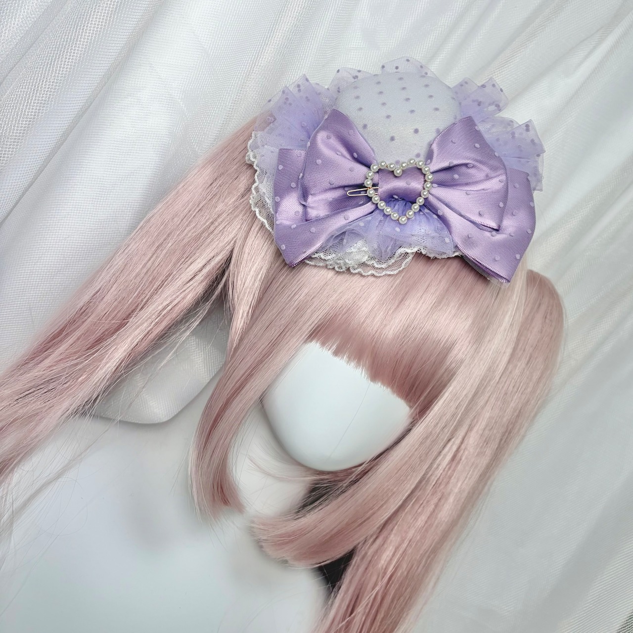 ♡【全4色】ドット柄 チュールリボン パールハートロリィタミニハット light blue ♡