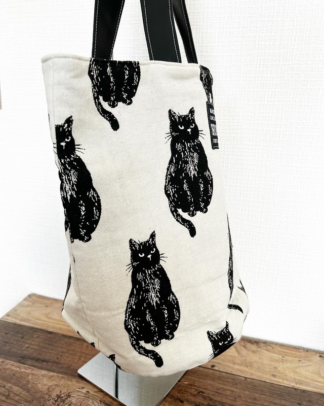 黒猫丸底トートバッグ【黒猫ムッシュ×ブルーグレー＆アイボリー】