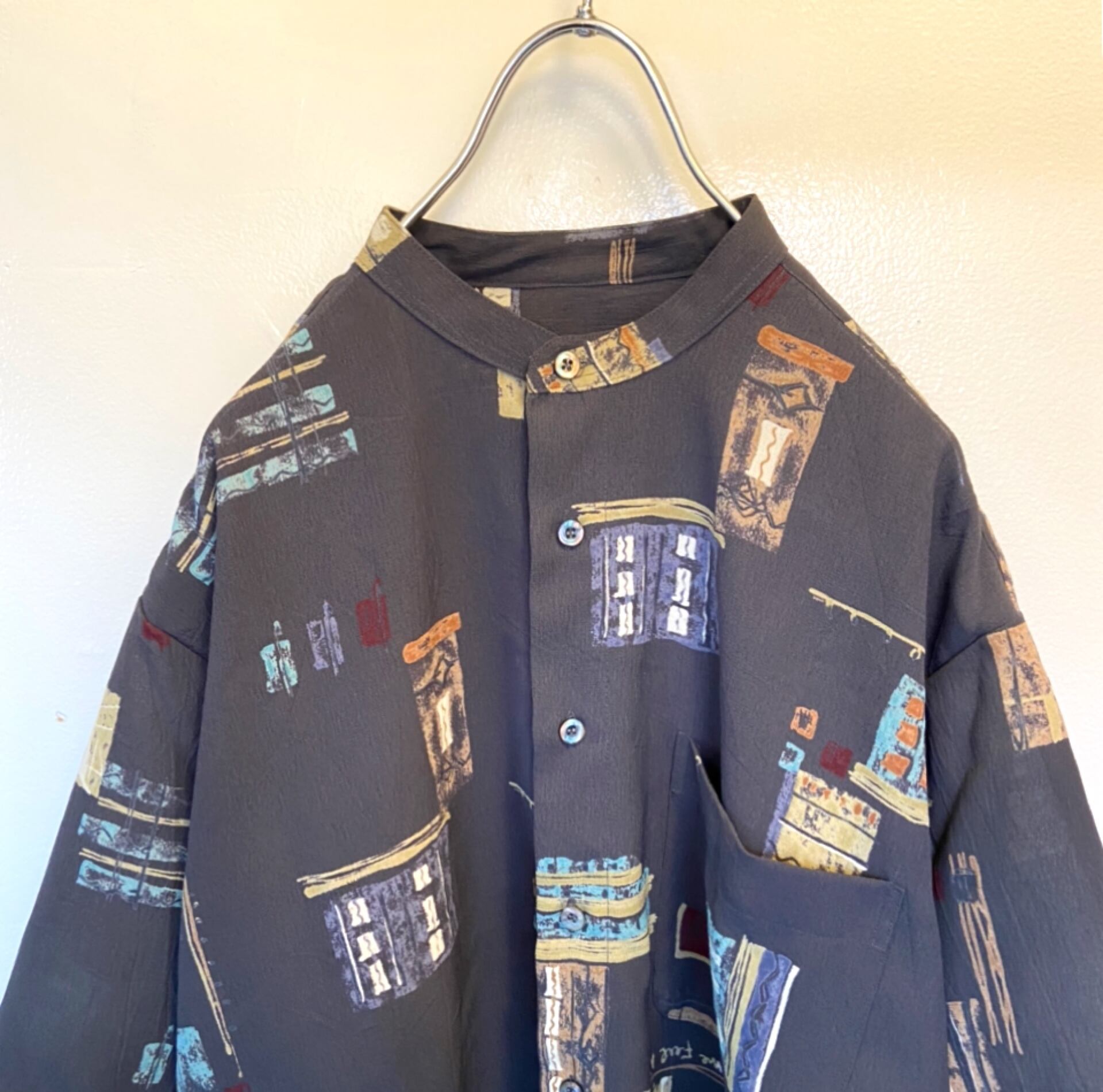 90s古着 総柄 ポリシャツ 幾何学柄 半袖シャツ 菅田将暉 