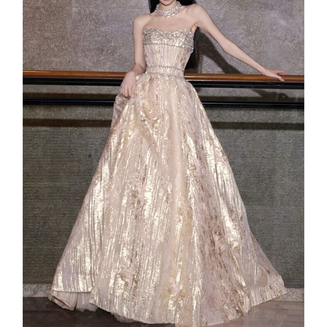 ビジュー装飾ベアトップドレス D1510