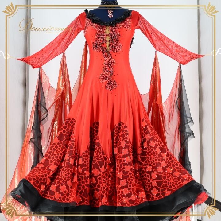 【匿名発送】社交ダンス　スタンダードドレス(クリーム、赤) 既製ドレス | 社交ダンスウェアSTUNNINGDANCEWEAR