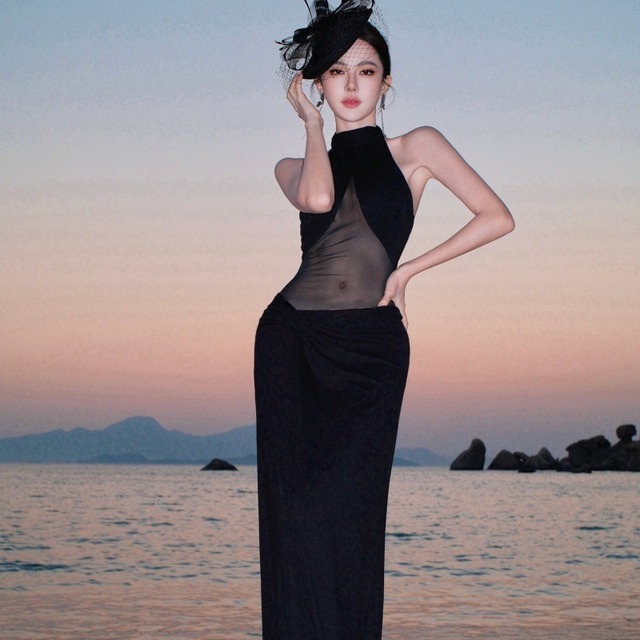 ロングドレス キャバドレス セクシー ホルターネック ボディコン チュール 細見え シースルー パーティー JC2-CD6-157-83220550