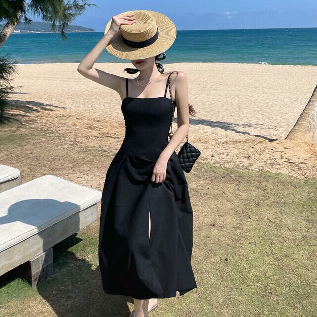 キャミワンピース ロング丈 ノースリーブ 無地 ａライン 肌見せ ハイウエスト スリット シンプル 大人 セクシー エレガント お出かけ デート リゾート 夏 黒 Evergreen