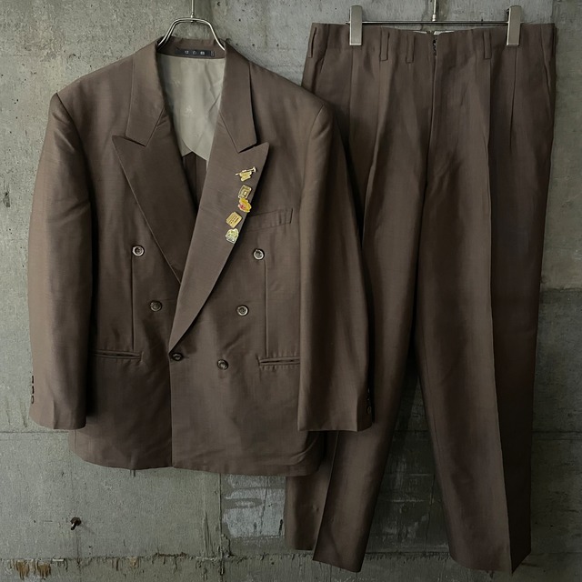 〖vintage〗graybeigecolor pins wool double setup suit/グレージュ カラー ピンズ デザイン ウール ダブル セットアップ スーツ/lsize/#0518