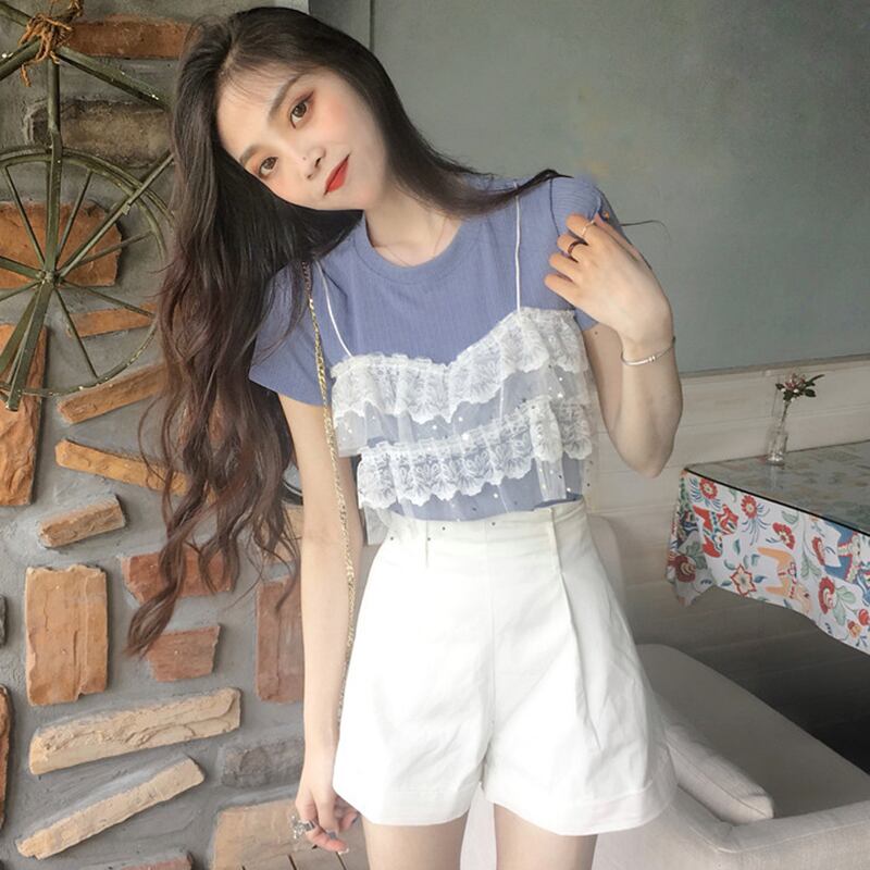 サマーレーストップス ラウンドネックニットセーター Tシャツ 夏物 Oネック ステッチ 1号婦人79880952506