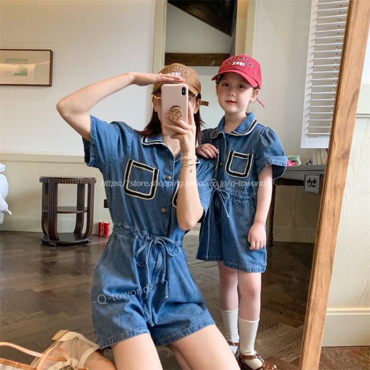 90㎝-150㎝】デニム オールインワン 子供服 女の子 親子装 人気 リンク  