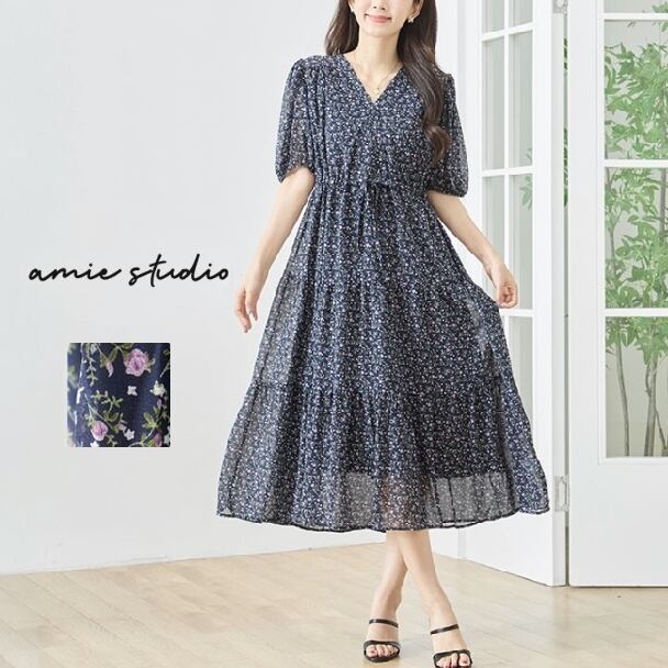 ティアードワンピース 小花プリント Vネック ウエストシャーリング N82-819 amie studio ネイビー M L fmsd ロング丈 体型カバー ミセス 春夏 きれいめ 大人カジュアル上品 リゾート