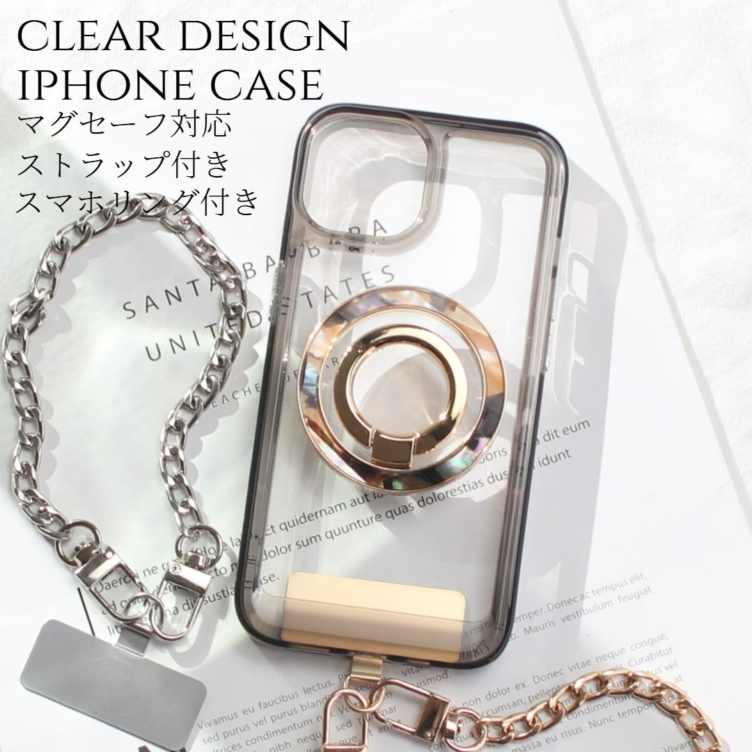 iphone ケース クリア リング付き iphone16 iphone15 iphone14 13 12 mini チェーン ストラップ magsafe マグセーフ マグネット アイフォン 16 15 14 SE 11 ショート ストラップ付き 16pro 15pro 14pro リング スタンド 13mini se3 se2 かわいい べっ甲 レディース 送料無料
