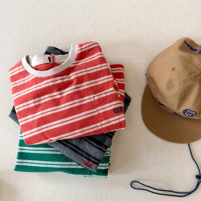 ポケットボーダーロングTシャツ（レッド／グリーン／グレー）ADBB 2026春｜80-130cm｜トップス｜ロンT｜長袖Tシャツ ［取寄］