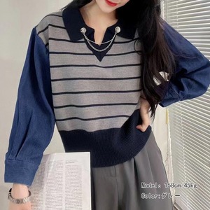 ポロカラー ボーダー ニット セーター レディース 秋冬 韓国 トップス おしゃれ 大人 かわいい 重ね着風 きれいめ カジュアル フェミニン レイヤード 大人可愛い 大人女子