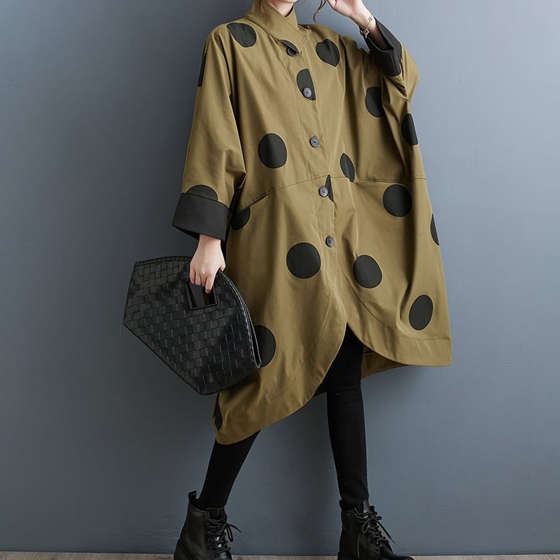 DOT STAND COLLAR BAT SLEEVES MIDI WINDBREAKER JACKET 2colors