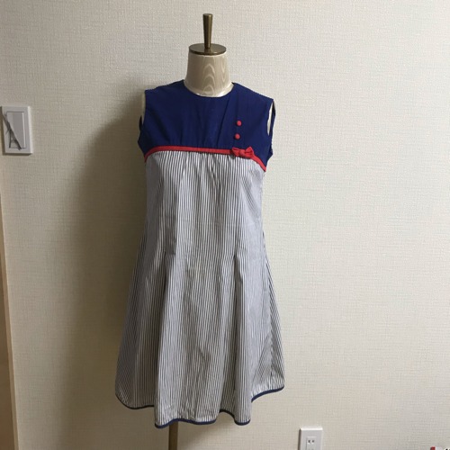 Navy・white pin stripe cotton red ribbon day dress