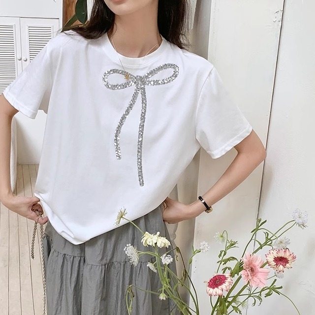 heavy sequin bow T-shirt（2color）＜t2012＞