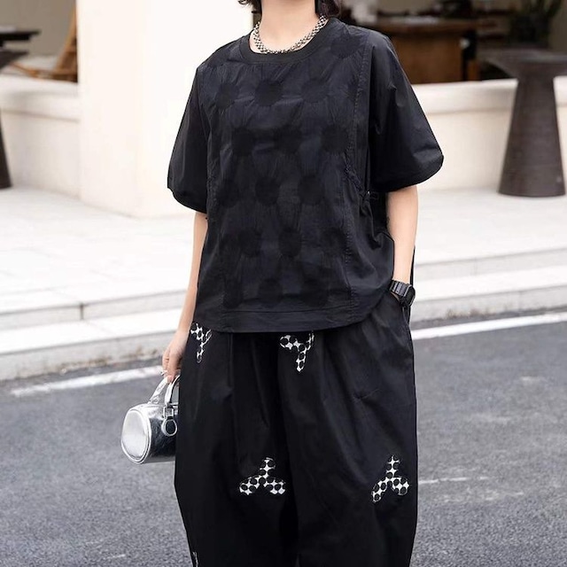 DRAWSTRING POLKA DOT SHORT SLEEVE T-SHIRT M-17325