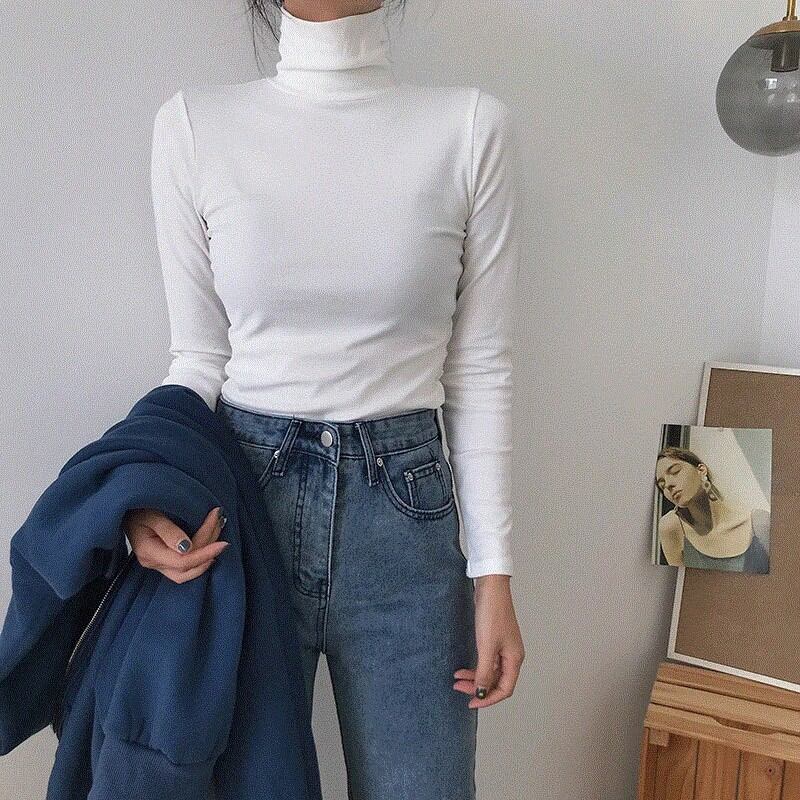 秋長袖タートルネックトップススリムニット底入れ Tシャツ韓国のファッションセーター原宿プルオーバー女性服ジャンパー