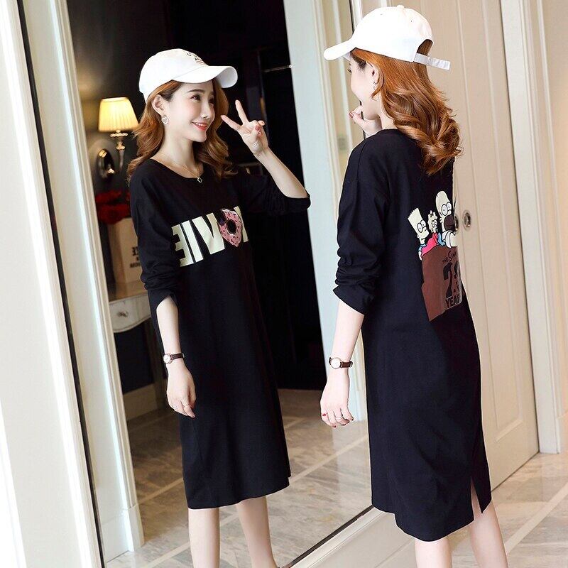 【新作】【送料無料】 1853＃春秋長袖ブラックコットンマタニティナーシングドレス給餌ロングTシャツ妊娠中の女性妊娠 スプリング 春物 オータム 秋物 AL expec461778470976