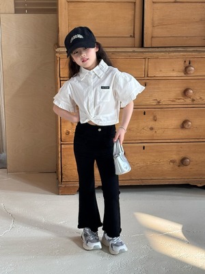 ショート丈結び目ブラウス（ホワイト）QBSH 2026春｜100-150cm｜トップス｜シャツ｜裾結び ［取寄］