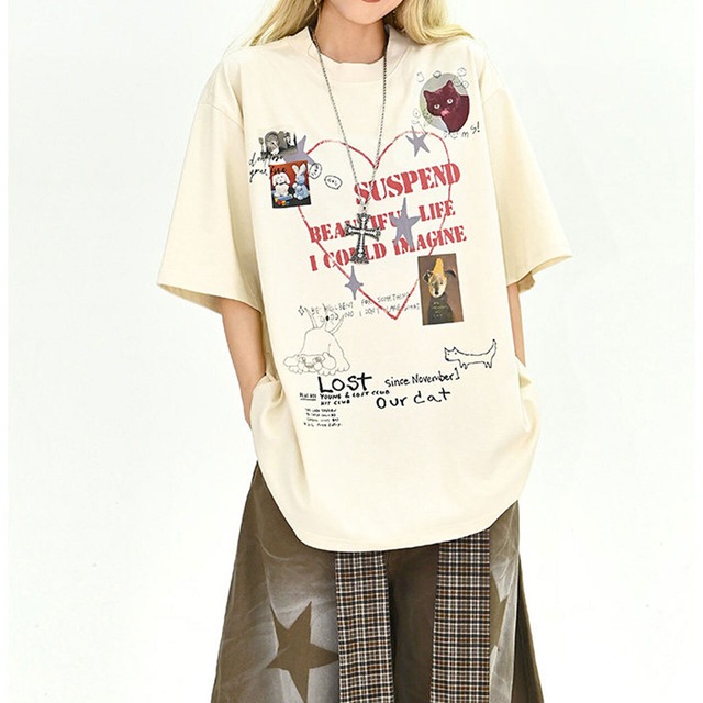 ハートコラージュグラフィックルーズTシャツ 2col   R01898