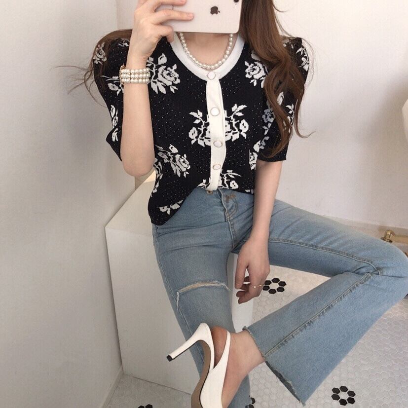 花柄ニット半袖カーディガン Rose Aura