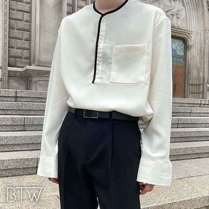 【韓国メンズファッション】バイカラーパイピングヘンリーネックシャツ ノーカラー 長袖 モノトーン BW2286