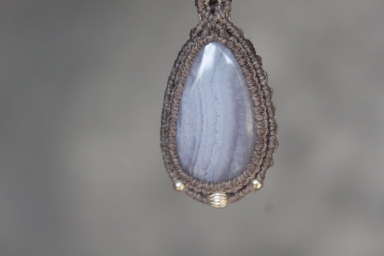 Blue Lace Agate silver925 wirework micro macrame pendant