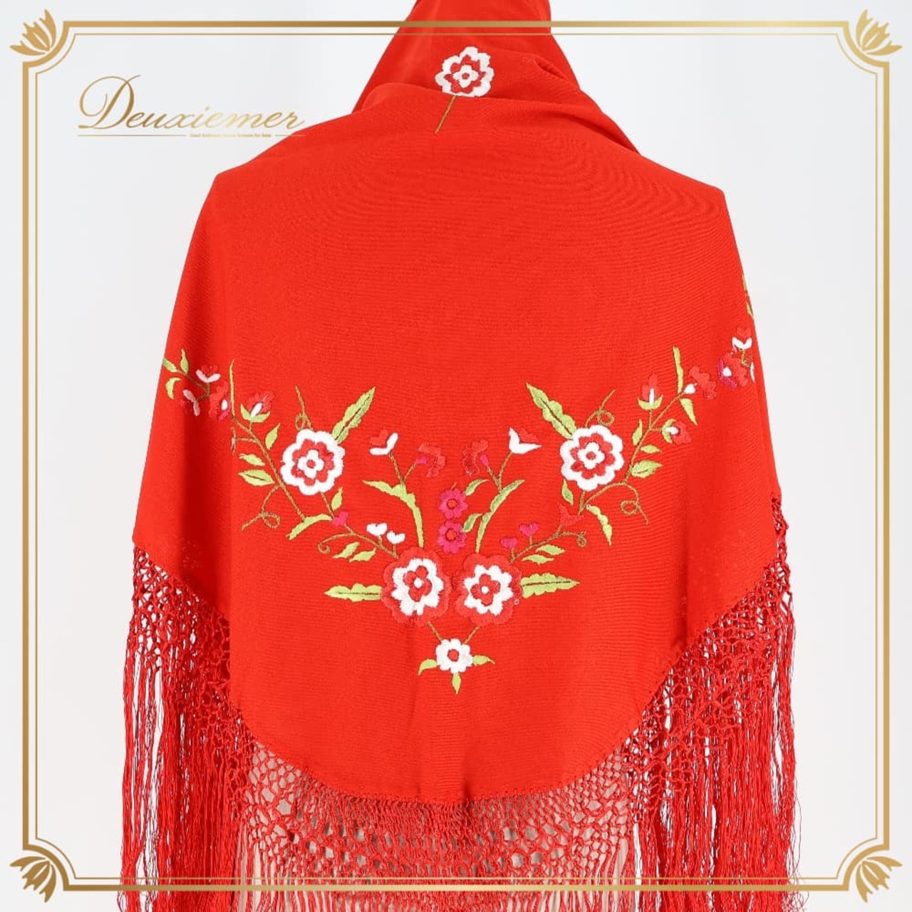 フラメンコ 衣装 シージョ ピキージョ レッド系 花 花柄 刺繍 赤 白 緑 マントン フレコ フリンジ かわいい ダンス用 ダンス衣装 三角形 トライアングル イベント ステージ 鮮やか 小物 小道具 パーティー ホワイト系 グリーン系