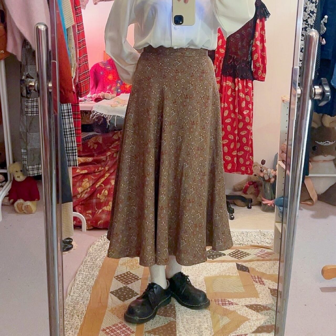 brown flower leaf flare skirt