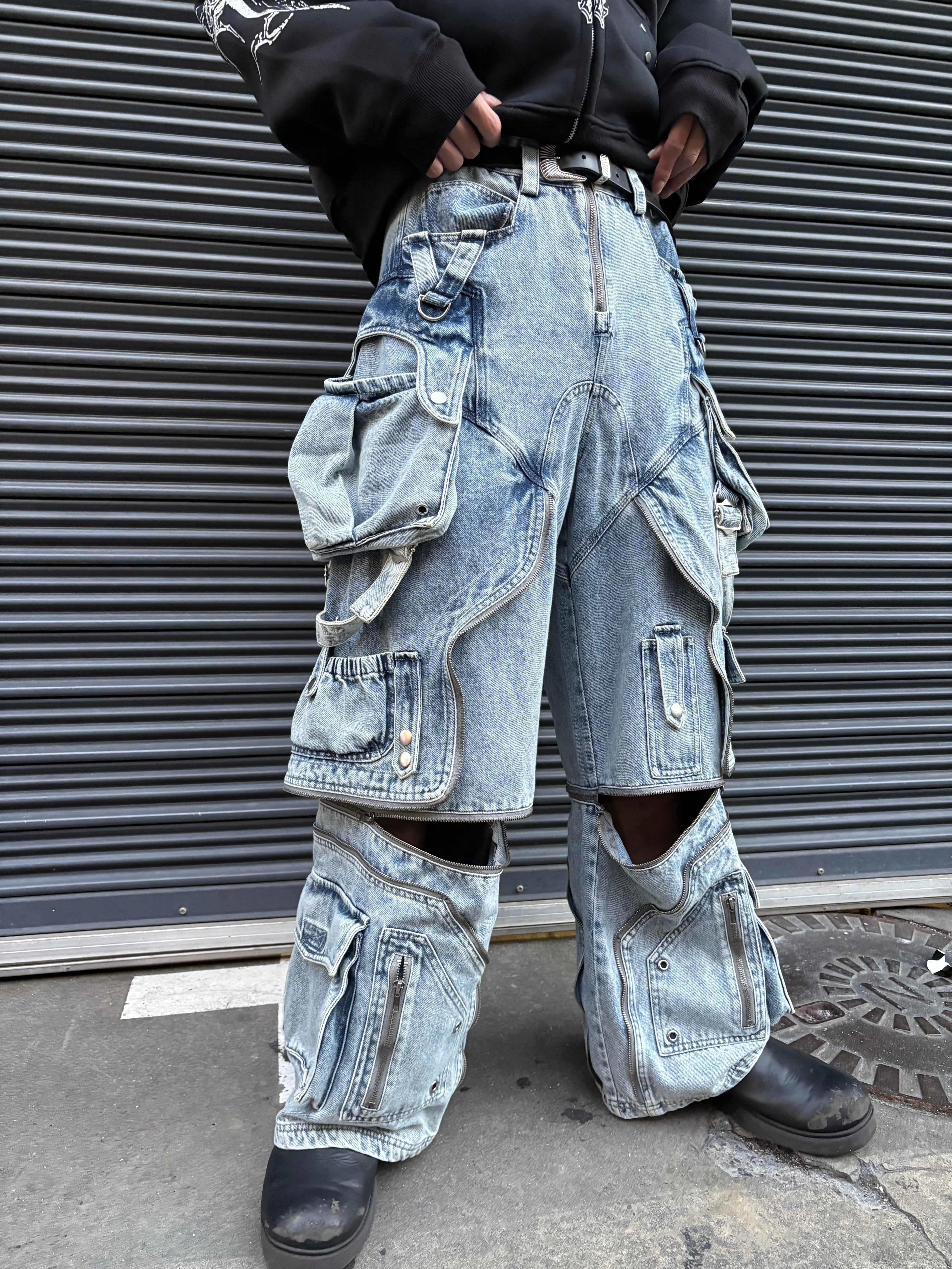00s BLUE WAY　ギミック　カーゴパンツ LL Y2K 日本製　グランジ BARCON 2Way ZIPデニムカーゴパンツ グランジ ストリート Y2K サブカル