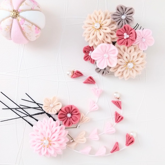 ★花衣  桜（くすみピンク）　髪飾り５点セット