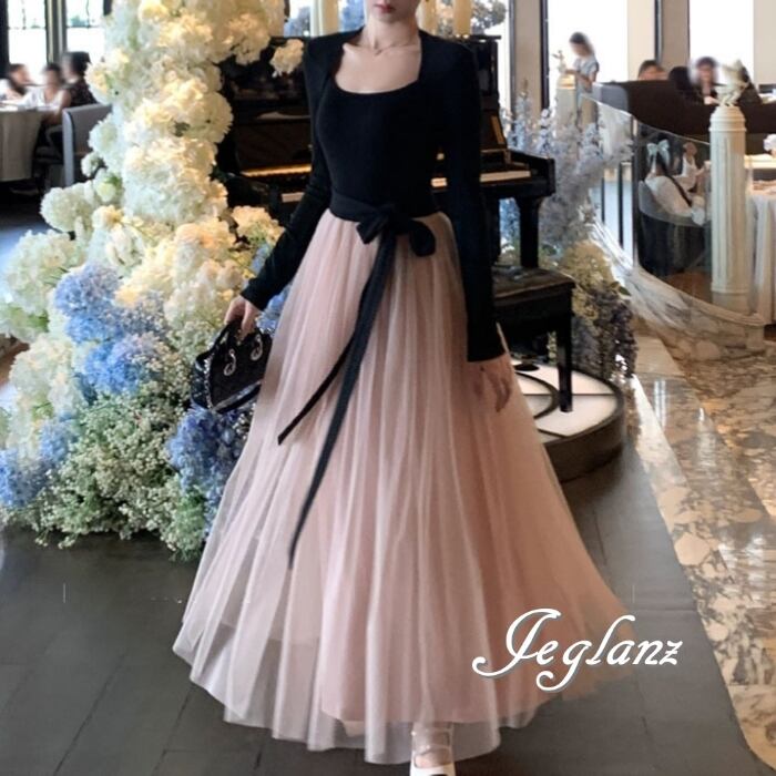 2色 パーティ ドレス 長袖 マキシ丈 ワンピ バイカラー 共ベルト(MB794)ζ☆