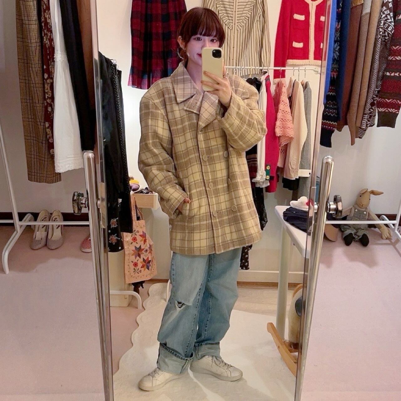 cream check big pea coat