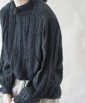 レトロフレンチリネンスタンドカラーレースシャツ