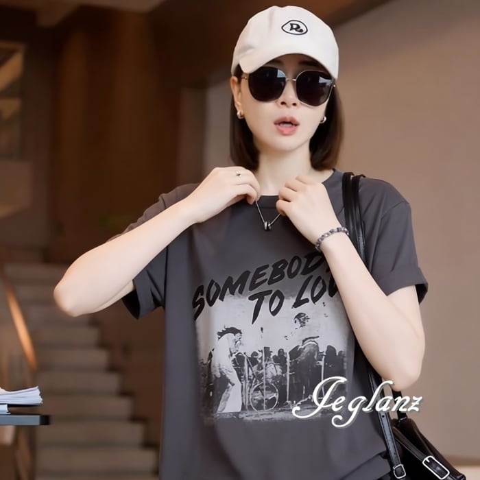 6色 フォト プリント ロゴ Tシャツ ルーズ ユニセックス ♪(MC750)β