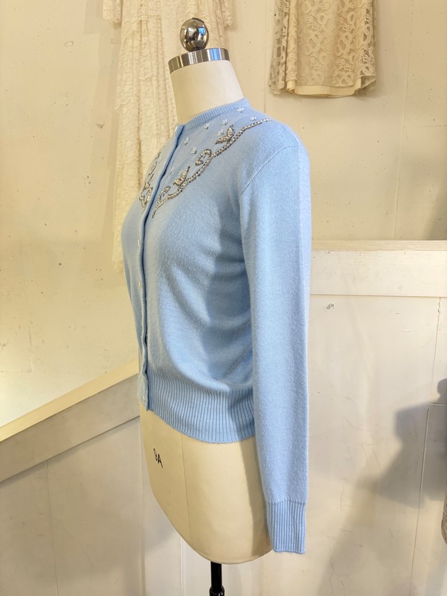 50's "BLAIR MOOR" beads × rhinestone baby blue cardigan