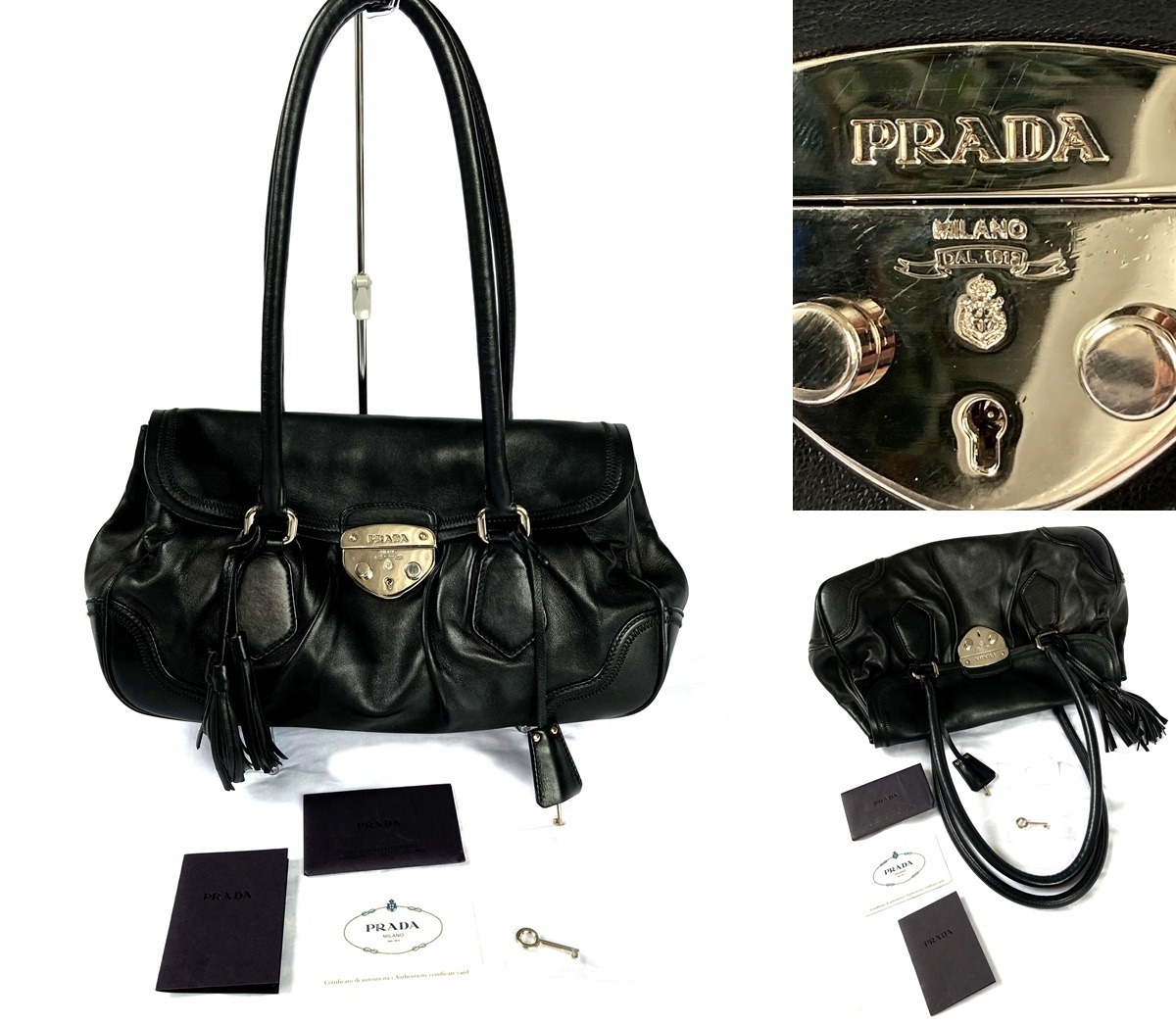 PRADA プラダ オールレザー ラムレザー バックルプレート タッセル 