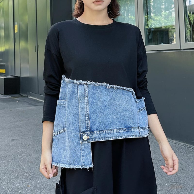 Denim docking round neck tops 3 colors V2517