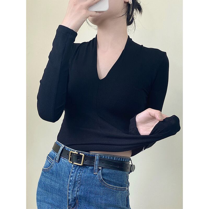 【新作】【送料無料】 春と秋の新しいホットガール V ネック ボトリング シャツ、秋冬の女性用、女性用長袖ハイエンド スリム T シャツ トップ 0245871373410