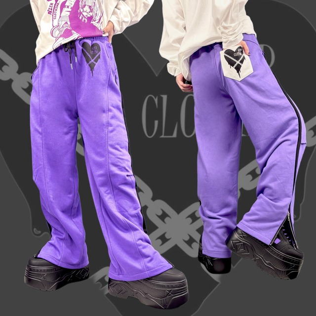 《3/19日目玉大特価半額SALE》ZIP SLIT PURPLE WIDE PANTS【CHAIN HEART】