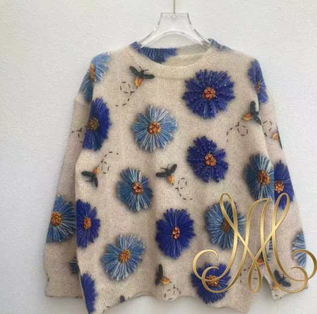 S~XL レディース 刺繍風 ビジュー 立体 プリント 秋 かわいい おでかけ 普段着 ニット 秋冬