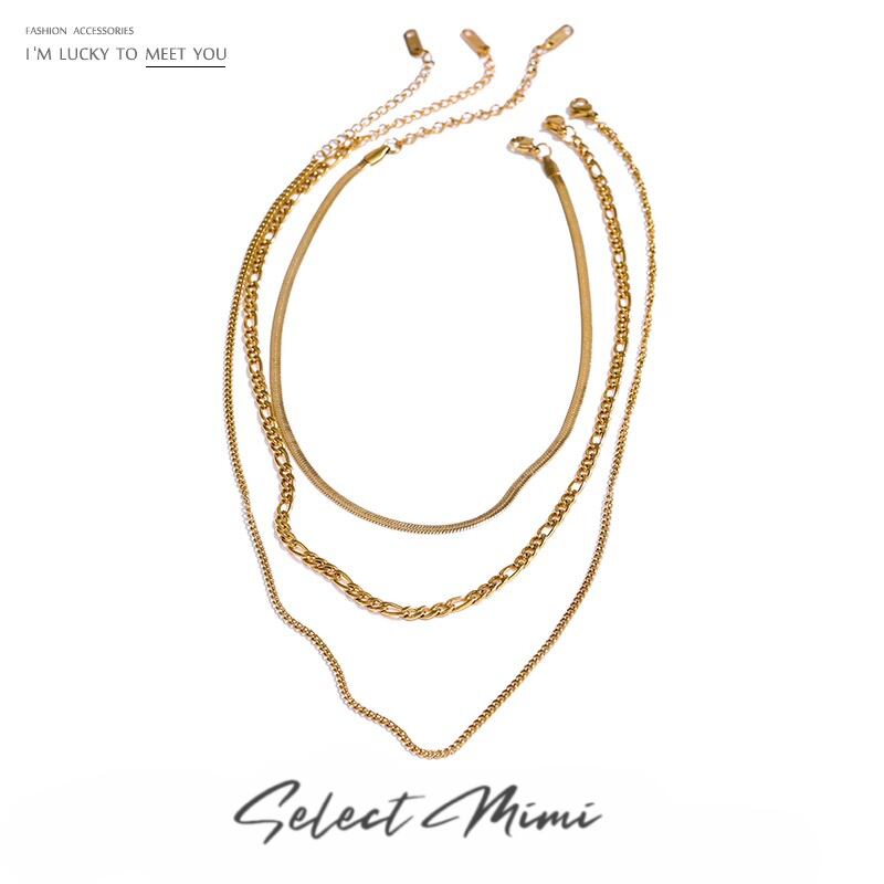 送料無料【予約商品】 (0154)ネックレス 3連 3セット チェーン シンプル ステンレス パーティー 韓国 個性的 ゴールド スチール シルバー