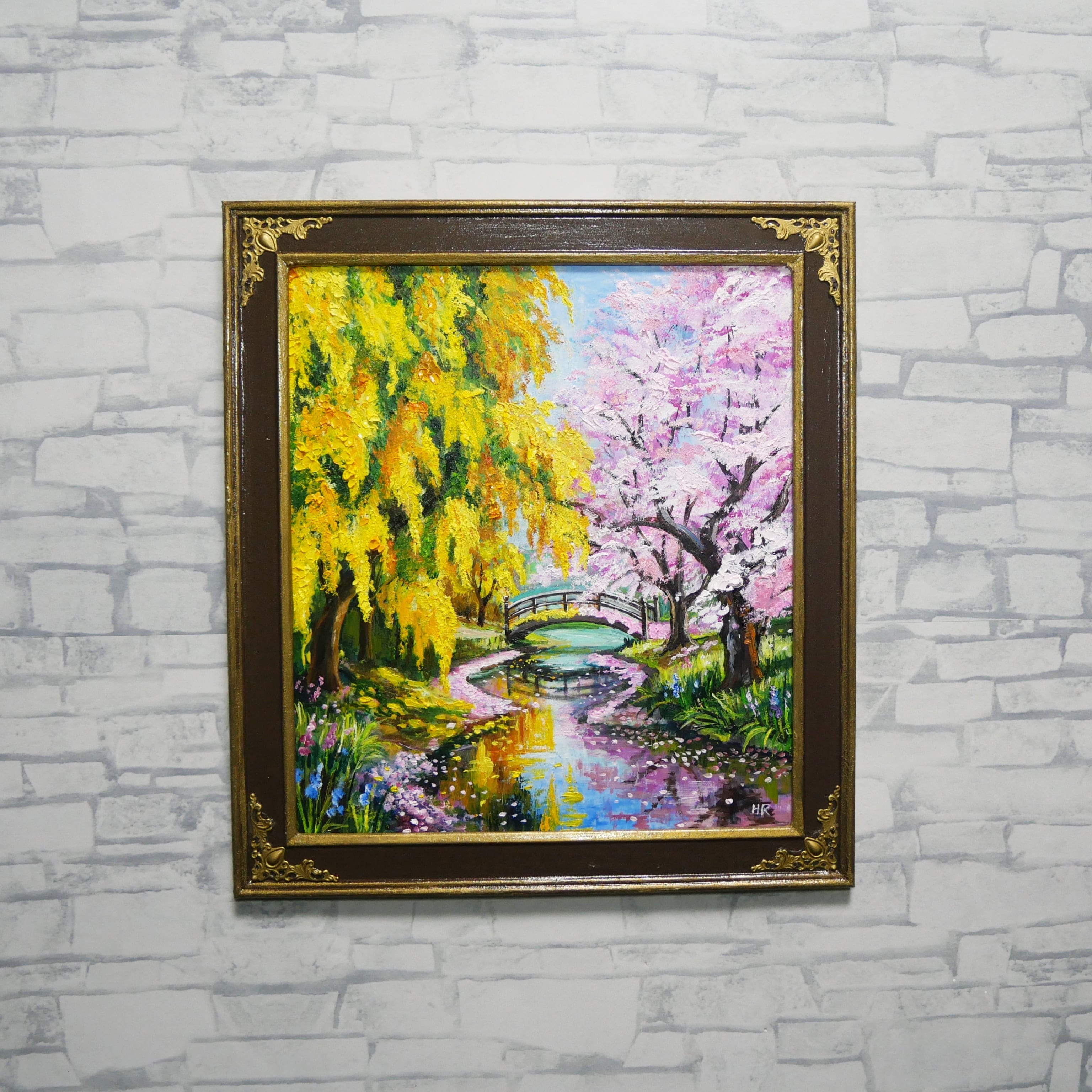 油絵 原画「陽だまりの庭園 〜桜とミモザの咲く日〜」 手描き 一点物