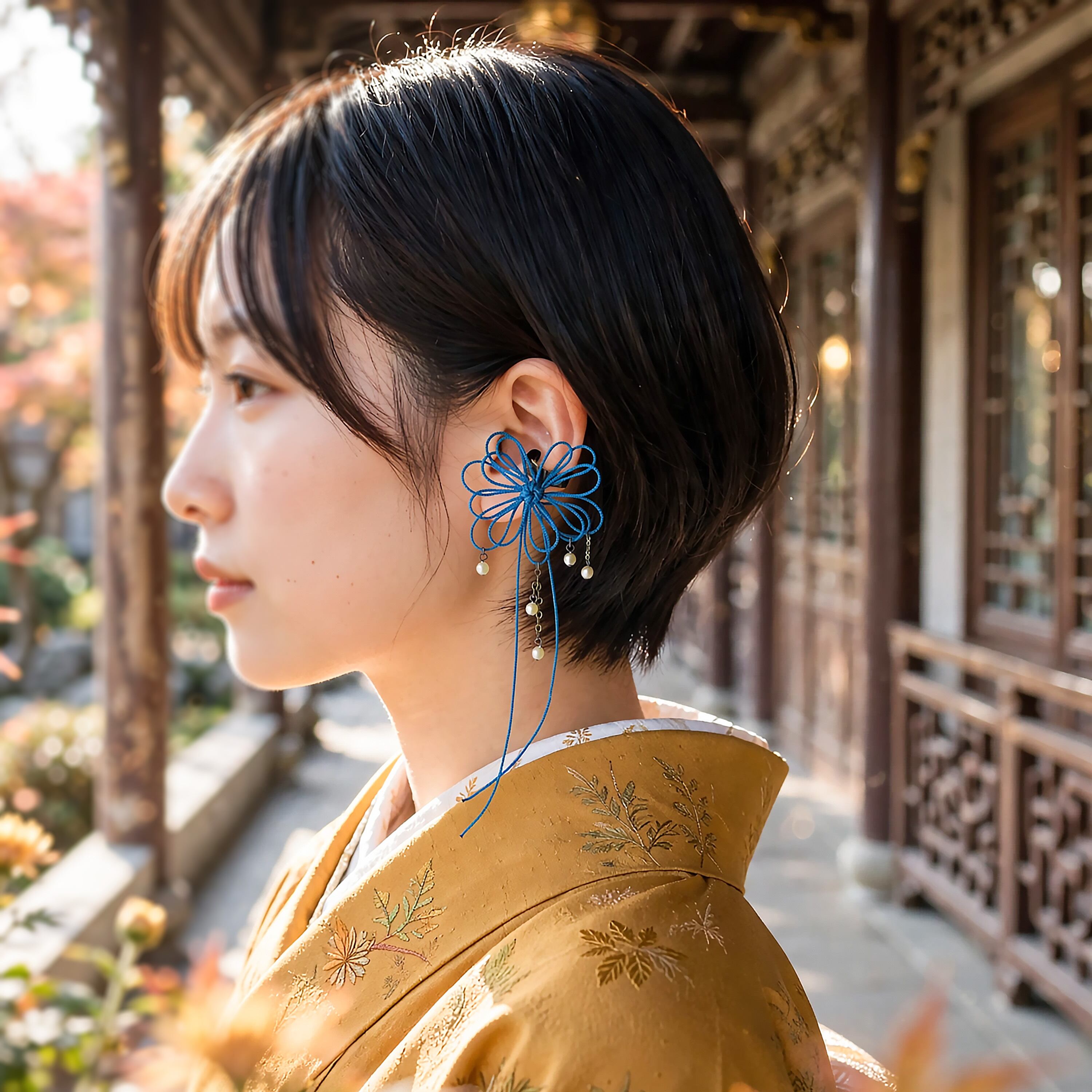 飾り結びかたっぽイヤーカフ「ヒタ降リ揺レル」【軽量】+グラスパールで浴衣・着物・洋服に。