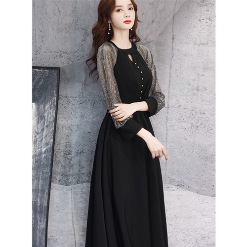 結婚式ドレス 演奏会ドレス 大きいサイズ 2XL 3XL 長袖 イブニングドレス エレガント Uネック ミドル丈 ワンピースドレス Aラインスカート スパンコール パーティードレス お呼ばれ きれいめ