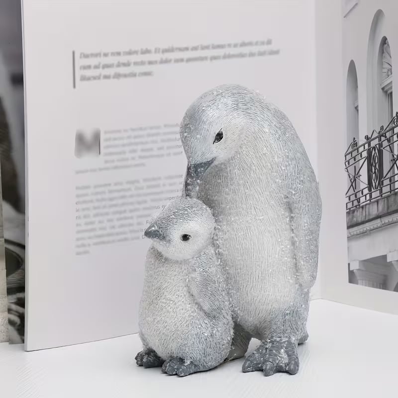 置物 オブジェ ペンギンの親子 グリッター シルバーグレー リアル