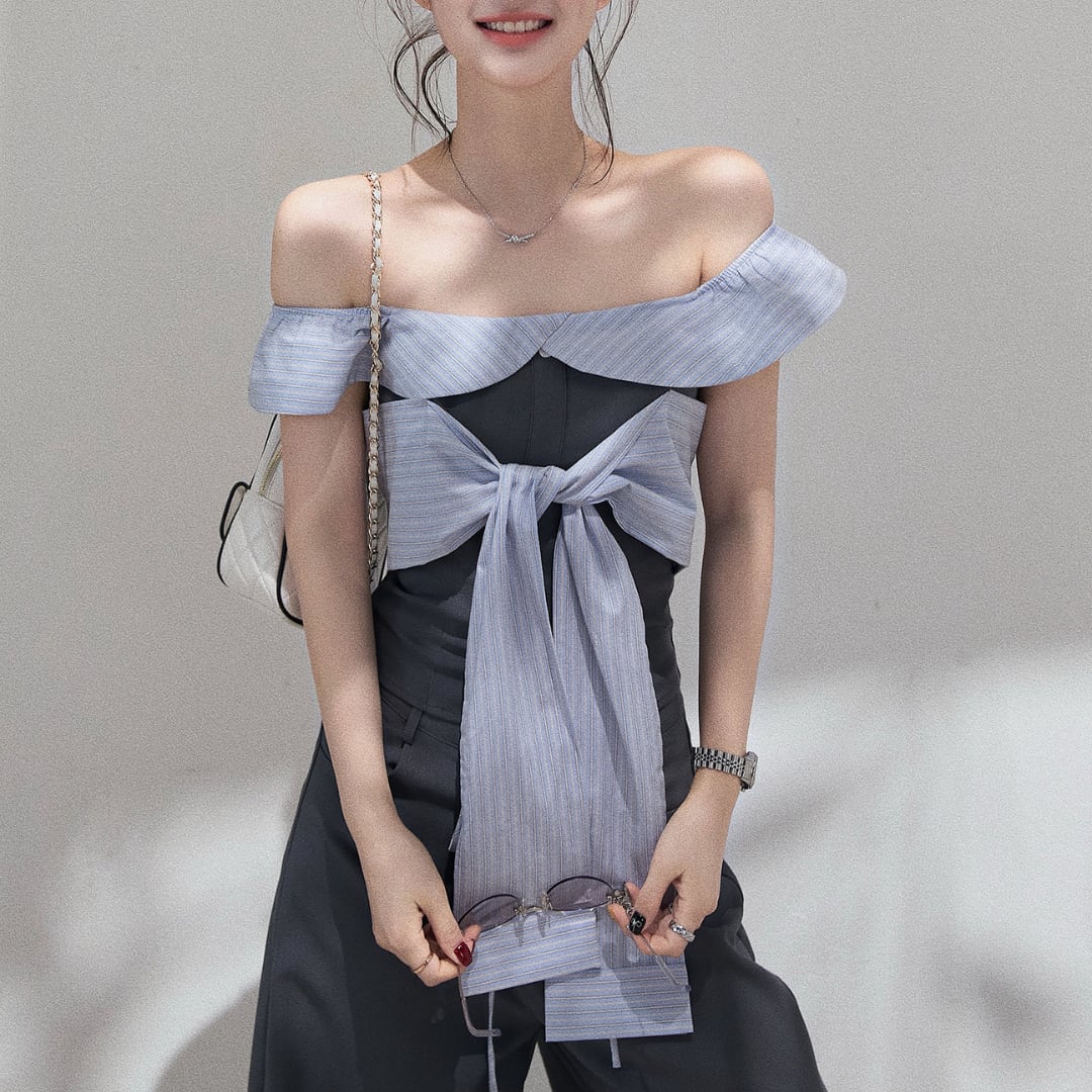 オフショルダーデザインリボントップス&ワイドパンツセットアップ A31