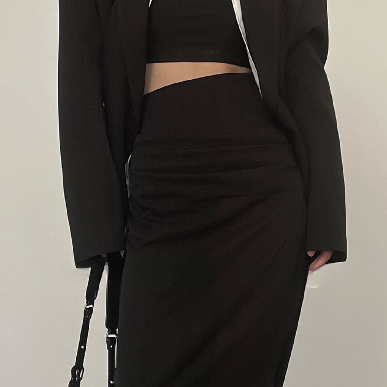 ハイウエストダークストライプスリットロングスカート　LT0020031