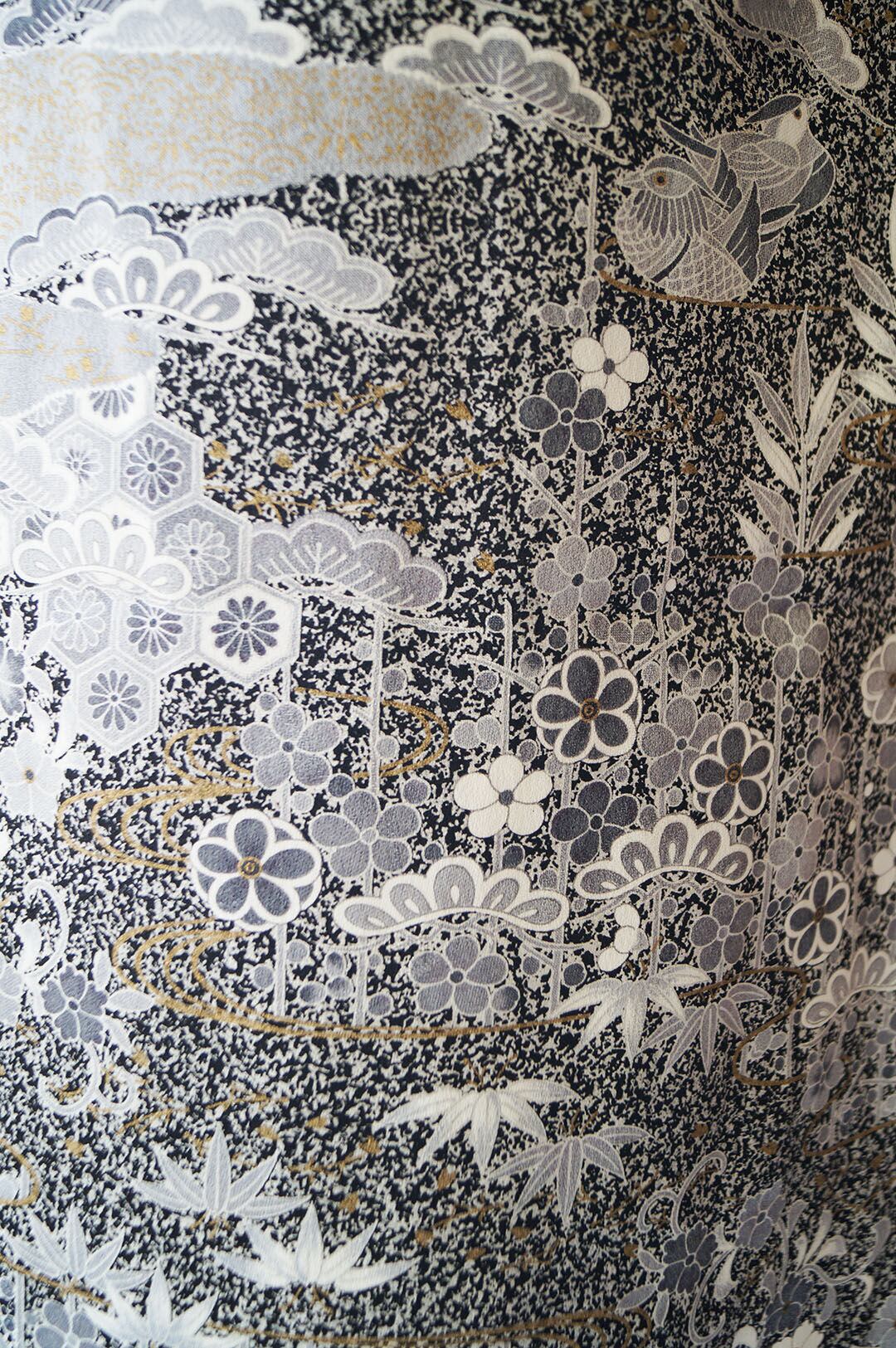 【単衣】モノトーン系 たたき染めに古典柄 小紋